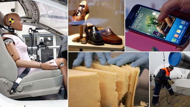 Clockwise from left" crash test dummy, shoes, mobile phone, gas pipeline and American cheese