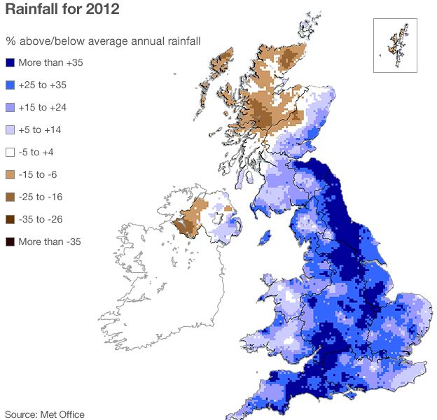 Map showing rainfall across the UK in 2012 against the 30-year average.