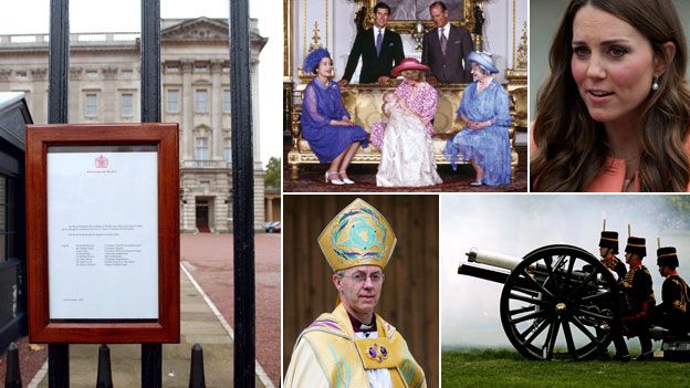 (Clockwise from left) Notice on Buckingham Palace gate; Prince William's christening; Prince William's signature; gun salute; Archbishop of Canterbury