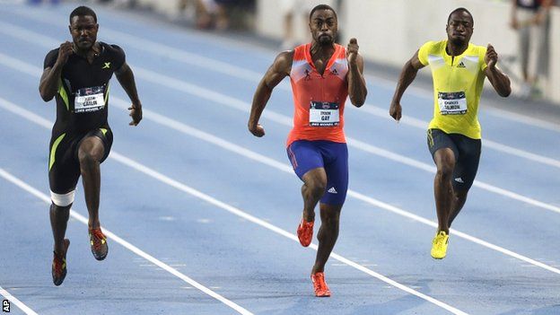 Tyson Gay (centre) races to victory in Iowa