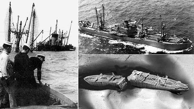 SS Richard Montgomery sinks (left), at four months old (top) and as it currently lies under the sea (bottom)