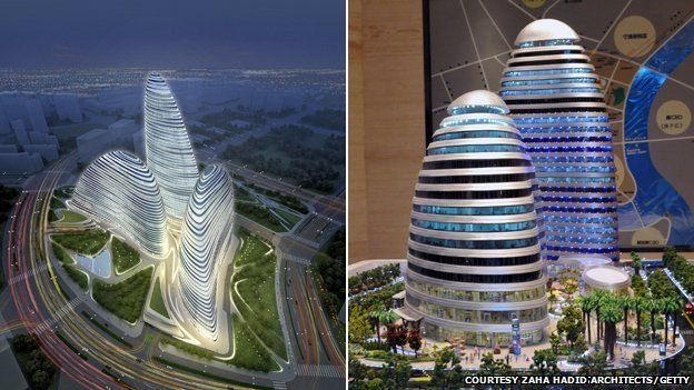 A composite image showing Zaha Hadid's plans for Wangjing SOHO in Beijing (l) and a model of the Meiquan 22nd Century building in Chongqing (r)