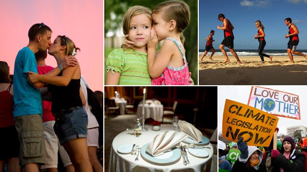 Composite of a couple kissing, two kids whispering, runners on a beach, political activists, and a dinner table