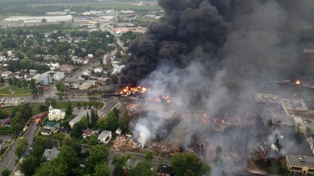 Smoke rises from railway cars that were carrying crude oil after derailing in downtown Lac Megantic