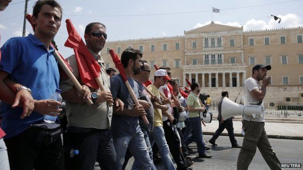PAMA trade union supporters attend rally in front of Greek parliament in Athens on 16 July