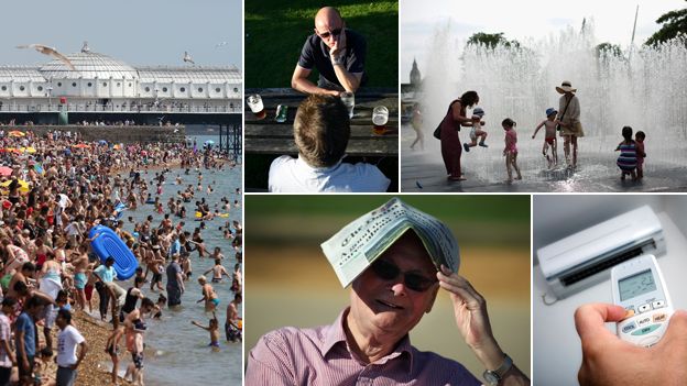 Composite of a crowded beach, a beer garden, children playing in a water fountain, air con, and a man using a newspaper to shelter from the sun