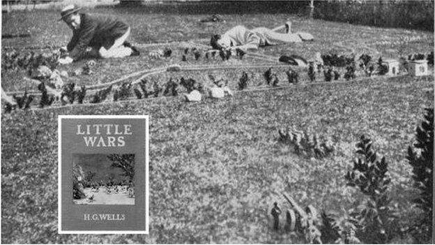 From Little Wars (inset): HG Wells war gaming in the garden of his home at Easton Glebe, Essex