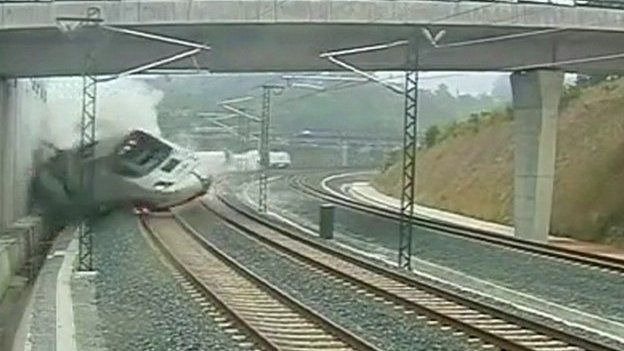 A still from footage from a trackside camera apparently shows the moment the train derailed
