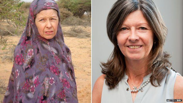 Judith Tebbutt in Somalia on the day of her release in March 2012 (l), and at New Broadcasting House in London in July 2013 (r)
