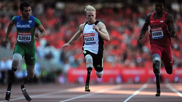 Jonnie Peacock competing in the T43/44 100 metres at the Anniversary Games on 28 July 2013