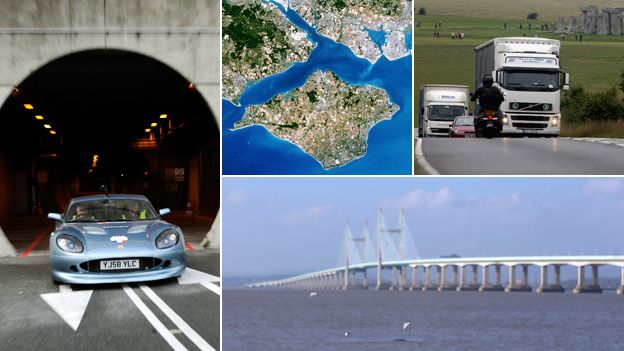 Composite photo including: A car emerging from the Channel Tunnel; an aerial view of the Isle of Wight; Vehicles travelling past Stonehenge; River Severn crossing bridge