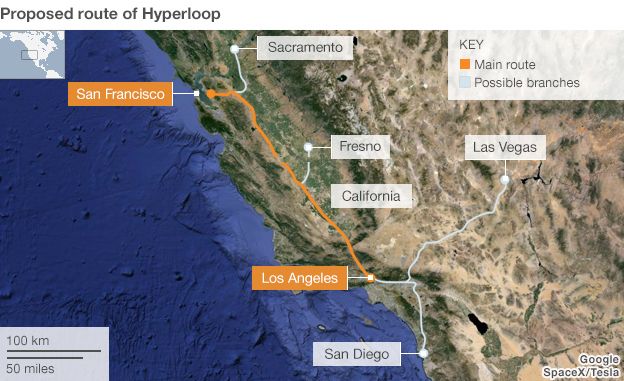 Proposed route for the Hyperloop transit concept
