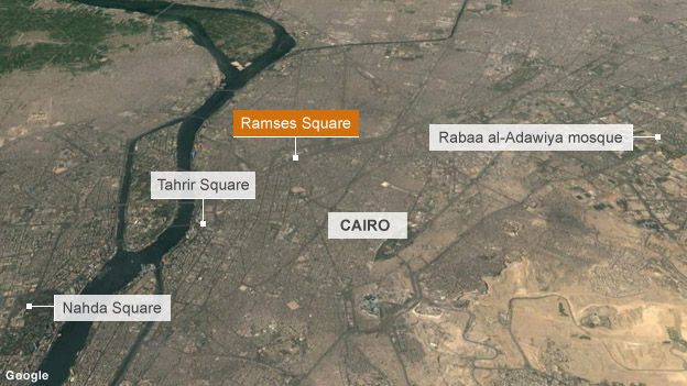 Map showing key protest locations in Cairo