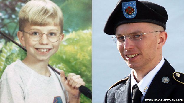 Bradley Manning as a child - courtesy of Kevin Fox - and in uniform at his hearing