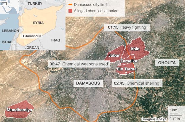 Map showing the areas where the alleged chemical attacks took place in Syria