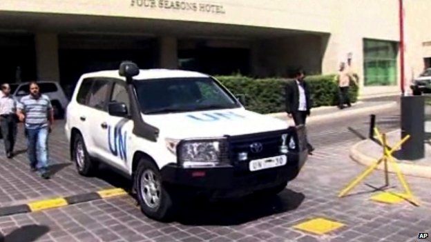 A UN vehicle leaves the Four Seasons Hotel in Damascus Syria, Tuesday, 27 August, 2013. The head of the UN chemical inspectors team, Ake Sellstrom, and the UN's disarmament chief, Angela Kane, left their hotel in Damascus on Tuesday.
