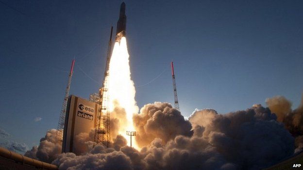 This handout photo released by ESA-CNES-ARIANESPACE on 30 August 2013 shows the launch of an Ariane-5 rocket, carrying two telecommunication satellites Eutelsat 25B/ Eshail1 (France/Qatar) and GSAT-7 (India) from Kourou space base in the French Guiana