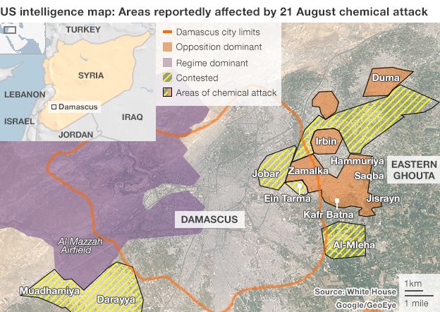 US intelligence map of areas reportedly affected by 21 August chemical attack