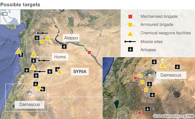 Syria possible targets map showing chemical weapons facilities and airbases