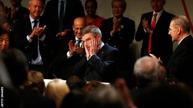 Thomas Bach in congratulated by IOC members