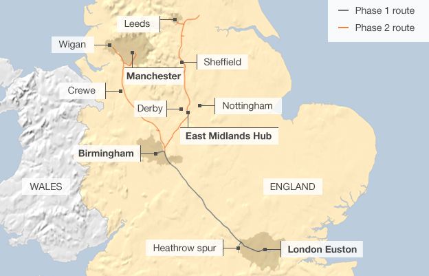 Map showing the route of phases 1 & 2 of the proposed HS2 rail service