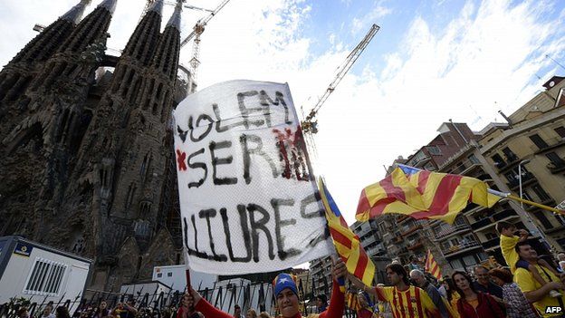 Protest outside the Sagrada Familia basilica in Barcelona. 11 Sept 2013