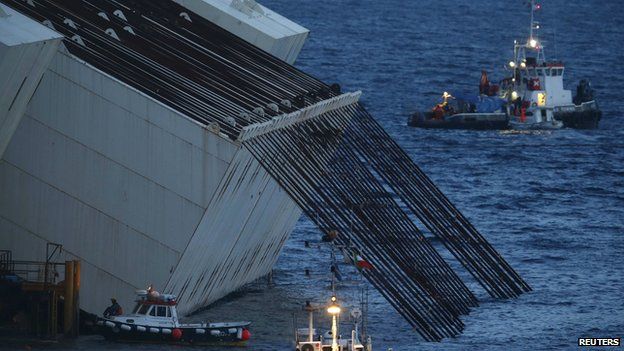 Cables used for the parbuckling of Costa Concordia are seen during the preparation of the operation outside Giglio harbour