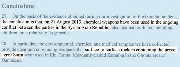 On the basis of the evidence obtained during out investigation of the Ghouta incident, THE CONCLUSION IS THAT ON 21 AUGUST 2013, CHEMICAL WEAPONS HAVE BEEN USED IN THE ONGOING CONFLICT BETWEEN THE PARTIES IN THE SYRIAN ARAB REPUBLIC, also against civilians, including children, on a relatively large scale. In particular, the environmental, chemical and medical samples we have collected provide CLEAR AND CONVINCING EVIDENCE THAT SURFACE-TO-SURFACE ROCKETS CONTAINING THE NERVE AGENT SARIN were used in Ein Tarma, Moadamiyah and Zamalka in the Ghouta area of Damascus.