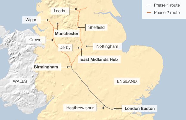Map showing the route of phases 1 & 2 of the proposed HS2 rail service