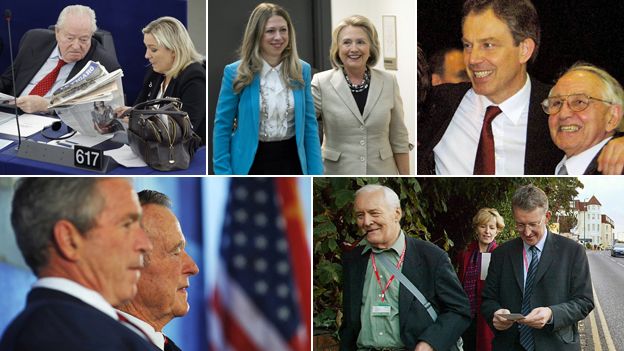Clockwise from top left: Jean-Marie Le Pen with Marine Le Pen; Chelsea and Hilary Rodham Clinton; Tony Blair with his father; Tony Benn with his children; Georges W and HW Bush