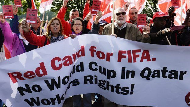 Trade unionists protests outside Fifa headquarters at the alleged abuse of migrant workers in Qatar