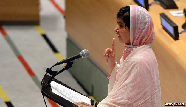 Malala giving a speech to the UN on her 16th birthday