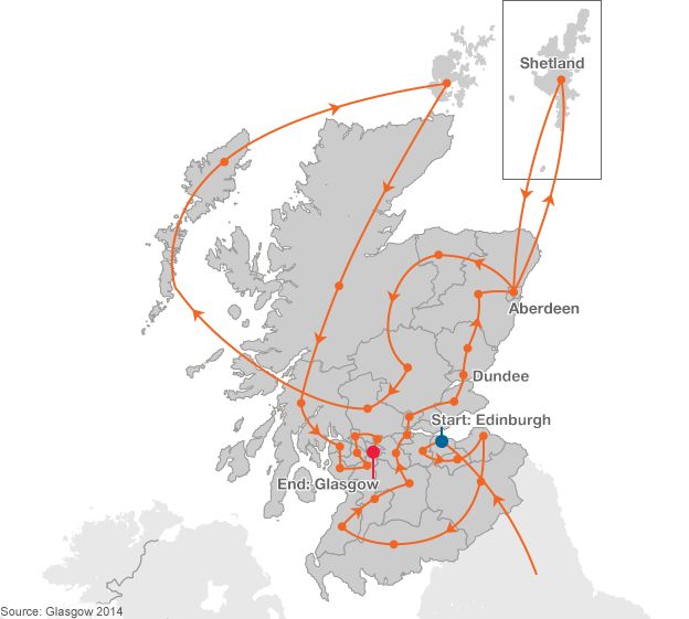 Map showing the route of the Queen's Baton relay around Scotland