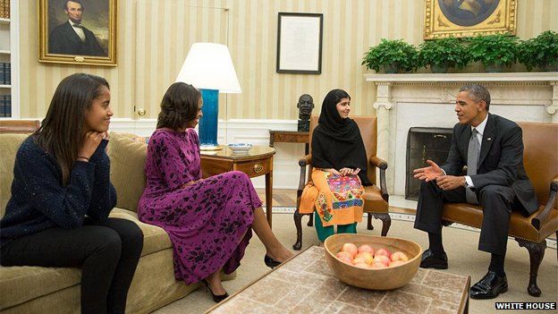 Malia Obama, Michelle Obama, Malala Yousafzai and Barack Obama