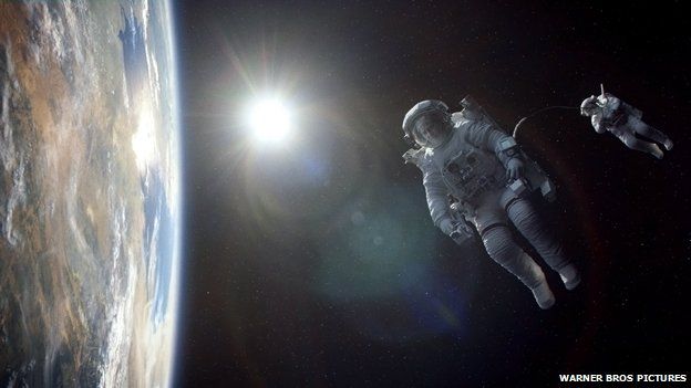 Movie still from Gravity showing George Clooney and Sandra Bullock floating in space