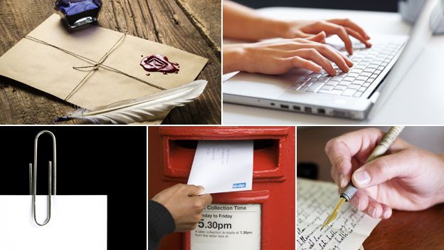 (clockwise from top left): sealed letter and quill; hands on computer keyboard; hand writing letter; hand posting postbox; paper clip