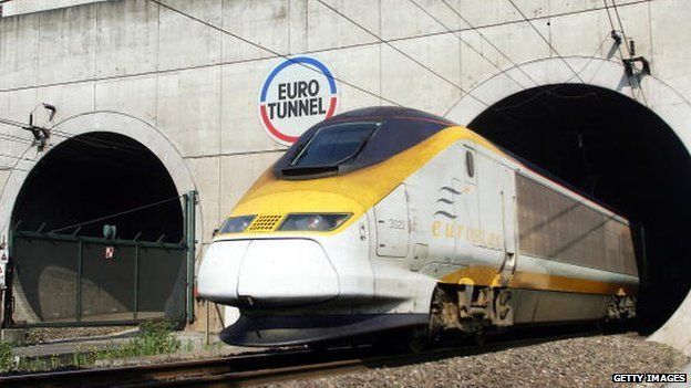 A Eurostar train exits Eurotunnel