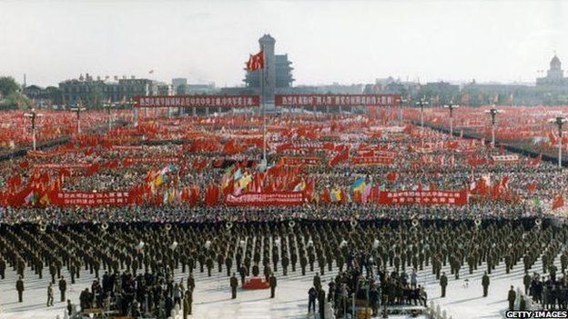 Official photo released by China in 1976 showing a major political event being held in Tiananmen square
