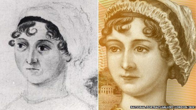 Jane Austen portrait by her sister Cassandra (left) and portrait by William Home Lizars