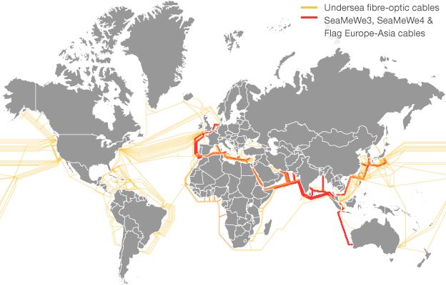 Graphic showing all international network of undersea fibre-optic cables