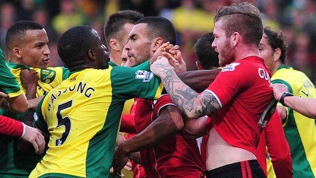 Norwich and Cardiff players scuffle at the end of their Premier League fixture