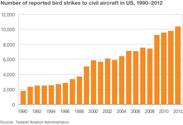 Graphic showing birdstrikes 1990-2012