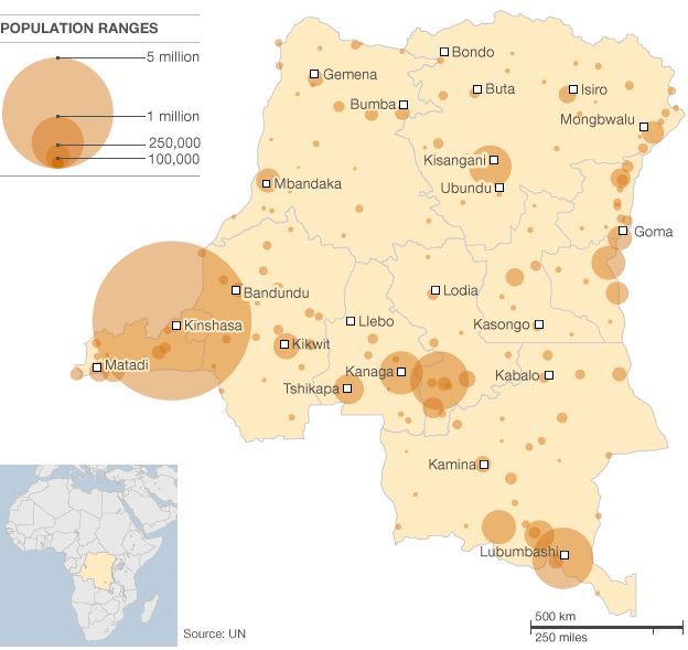 Map showing the population centres of the Democratic Republic of Congo