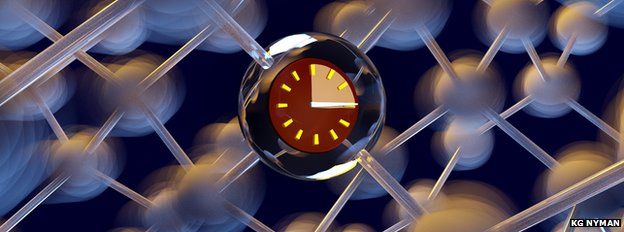 Artist's impression of a phosphorus atom qubit in silicon, showing a ticking clock