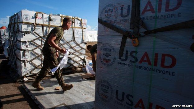 US troops preparing relief supplies for survivors of the Philippines typhoon, Tacloban 14 November 2013