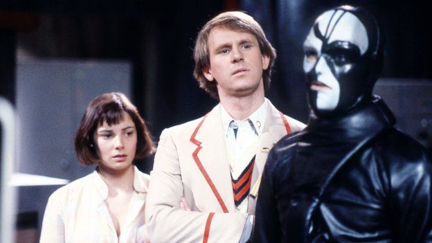 Nicola Bryant as Peri, Peter Davison as The Doctor and Christopher Gable as Sharaz Jek in 1984's The Caves of Androzani