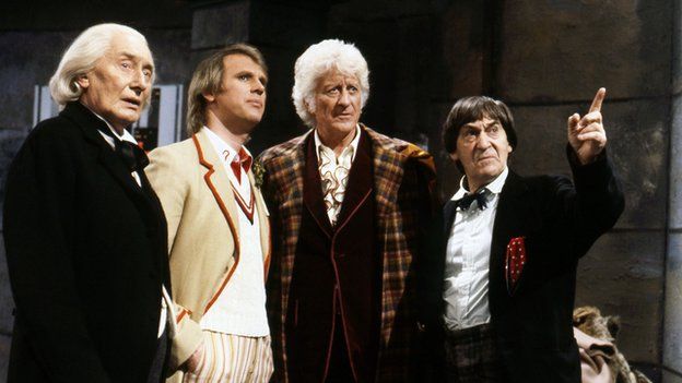 Richard Hurndall (as William Hartnell's first Doctor), Peter Davison, Jon Pertwee and Patrick Troughton in 20th anniversary story The Five Doctors