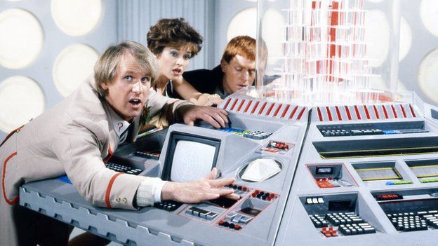 Peter Davison as the Doctor, Janet Fielding as Tegan and Mark Strickson as Turlough inside the Tardis in 1984's Resurrection of the Daleks