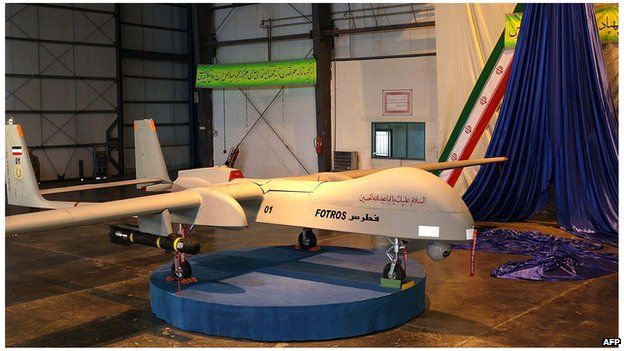 An Iranian-made missile-equipped drone dubbed "Fotros", is unveiled in Tehran (18 November 2013)