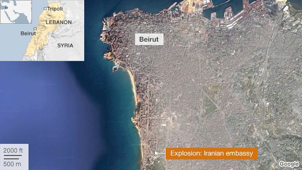 Satellite image of Beirut showing location of blast